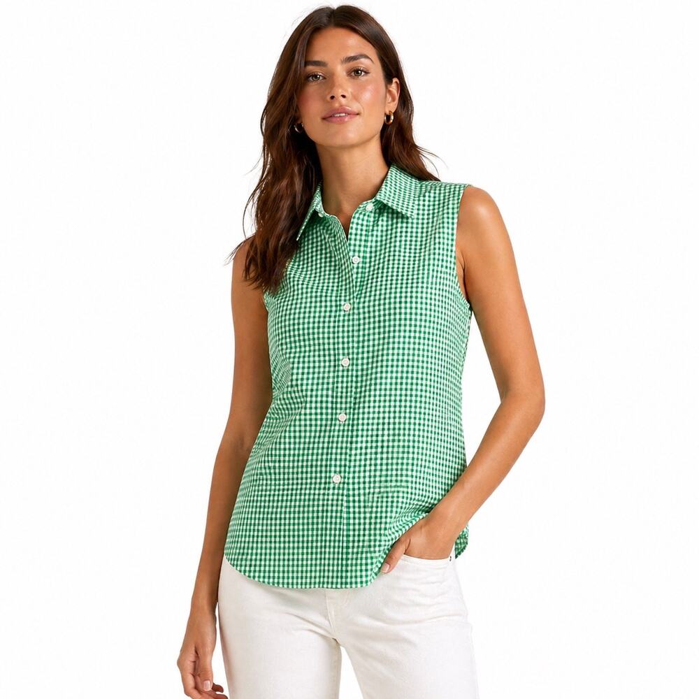 Talbots Petite Green Gingham Sleeveless Button Front Blouse Top Size 4P